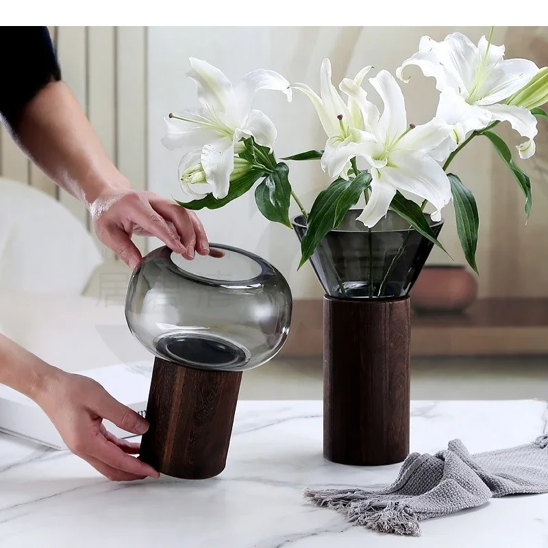 Glass Vase Double-layered Wooden Flower Vase Flower Arrangement Accessories Hydroponics Terrarium Home Decoration Accessories