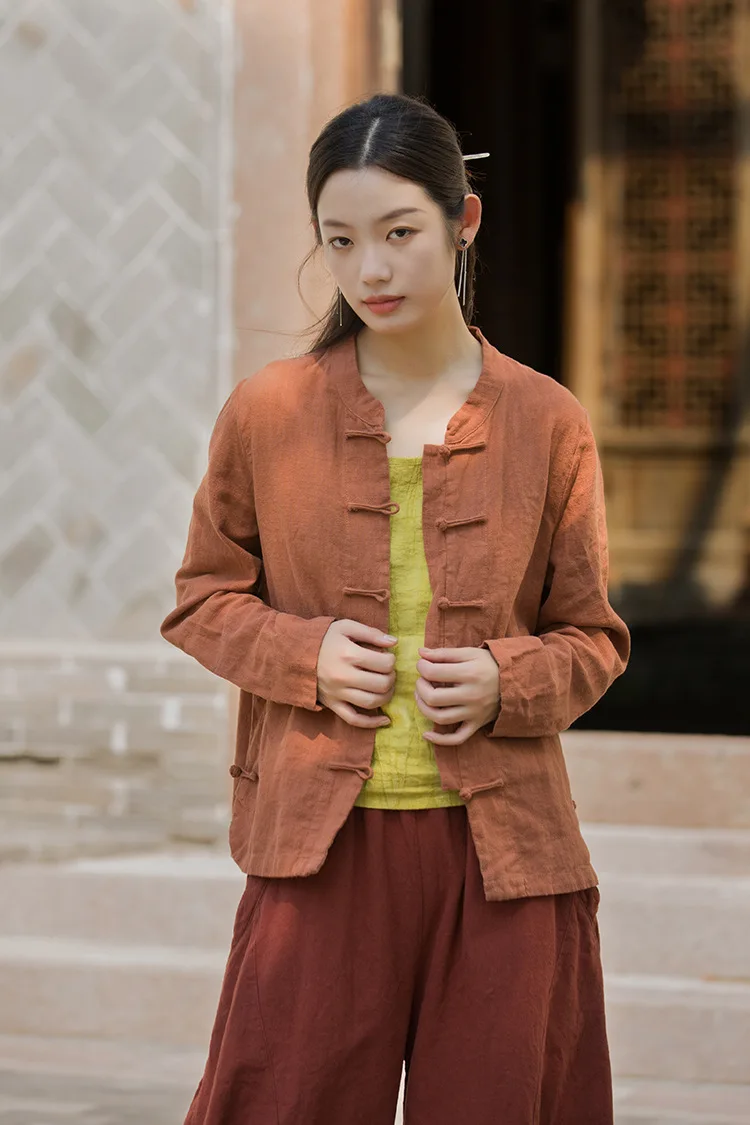 Chinese Style Mandarin Shirt Women Tang Suit Top Kong Fu Ramie Clothing