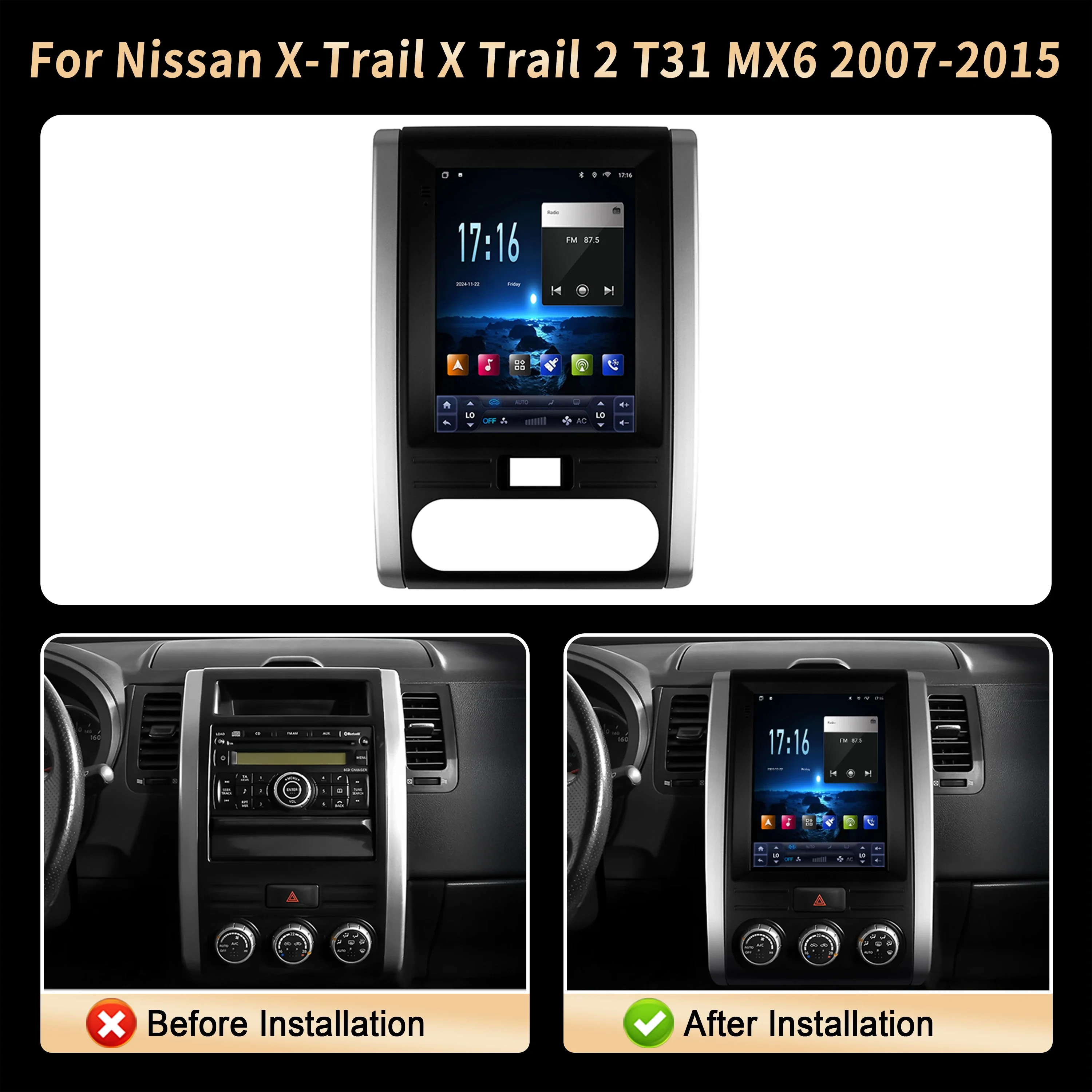9.7″For Nissan X-Trail X Trail 2 T31 MX6 2007 2008 2009 2010 2011 2012-2015 Car Radio Multimedia 4G BT CarPlay QLED Screen