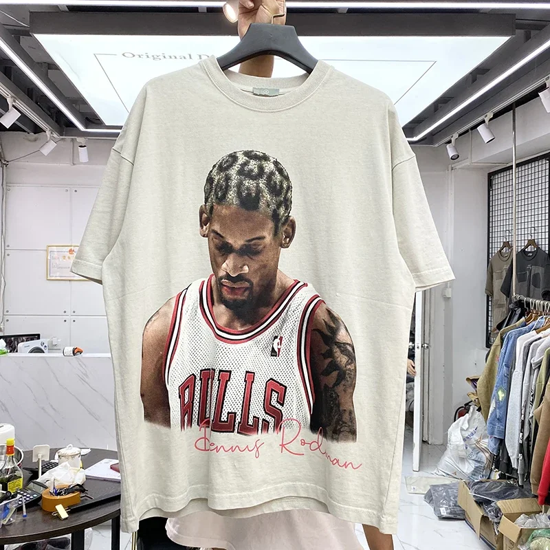 25 New European and American Street Retro Worm Rodman Portrait Print Short Sleeve Men and Women Loose Hip Hop Tide T-shirt