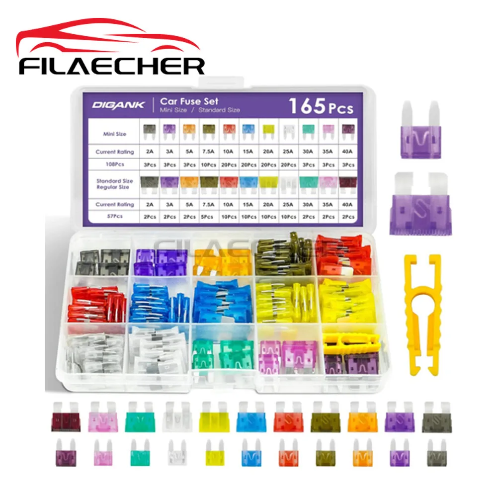 

165 шт., комплект автомобильных предохранителей, автомобильный грузовик, внедорожник, мини и стандартный предохранитель, предохранитель смешанной цепи с коробкой, плоскогубцы для предохранителей 2A-40A