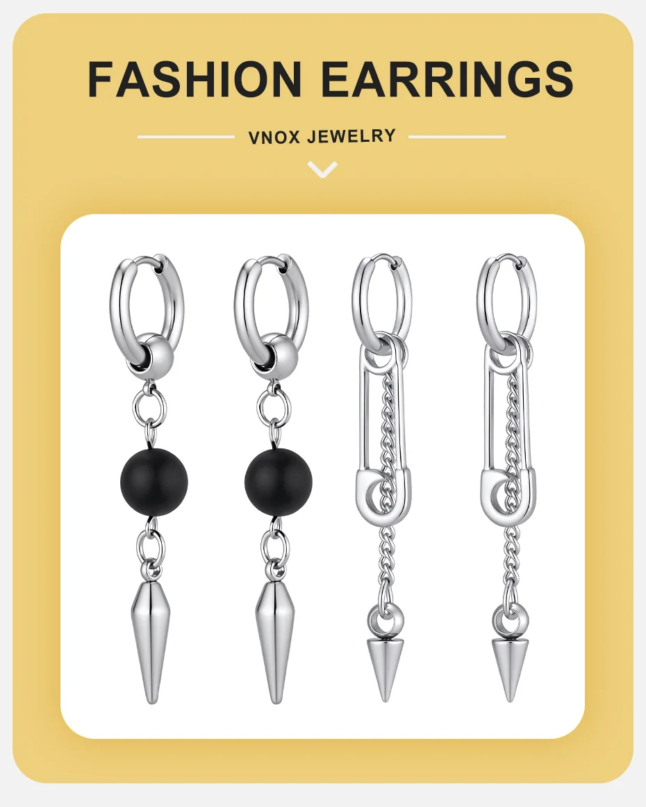 Vnox Punk Edelstahl Creolen für Männer, Schwarze Perlen-Kegel-Spikes, Sicherheitsnadel-Spikes, Hängende Gothic Hip-Hop Schmuck Geschenk – Detail 1