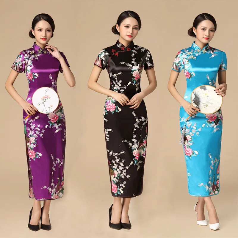 Seksowna sukienka w stylu chińskiej tradycji Cheongsam drukuj satynowa Qipao Lady eleganckie sukienki letnie nowe długie Qipaos Plus rozmiar 4Xl5Xl6Xl