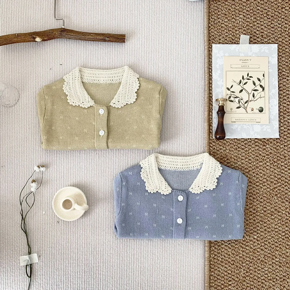 Spring Baby Girl Children's Hand Hook Cardigan Sweater Thin Contrasting Color Long Sleeved Knitted Sweater Turn-down Collar