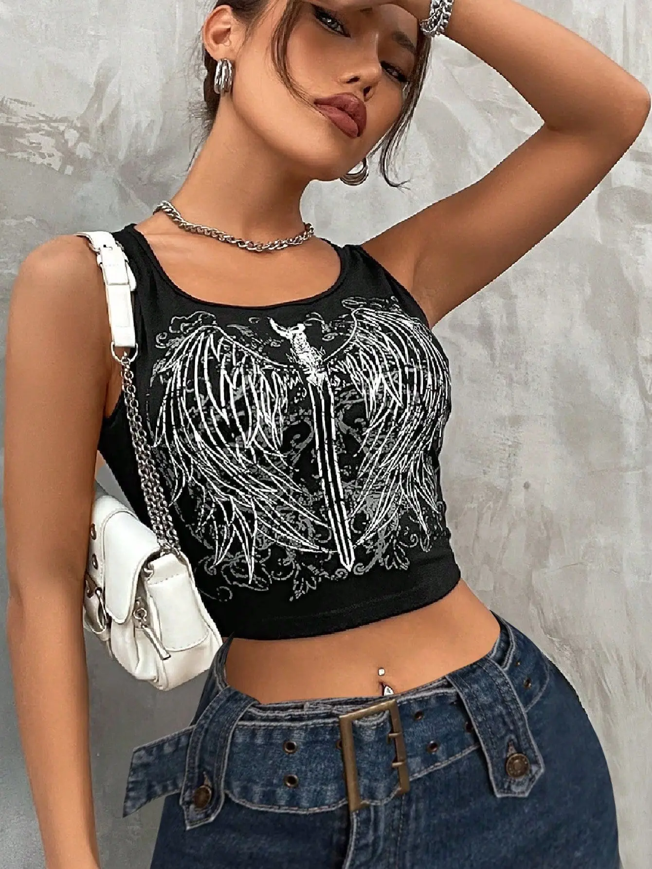 Bold Shade Dark Fairycore Aesthetic Printed Tank Tops Grunge Y2k Emo Wings Bodycon Crop Top Women Sexy Sleeveless 90s Streetwear