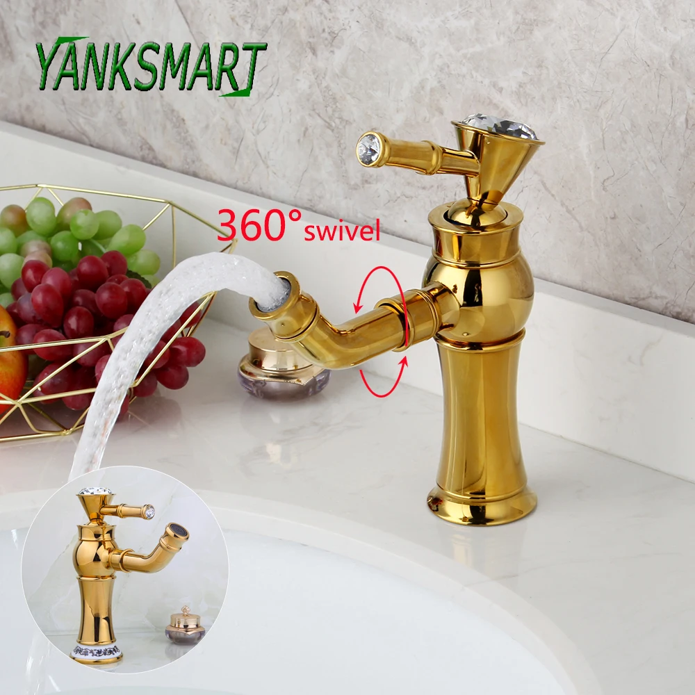 

YANKSMART Gold Polished 360 Swivel Spout Bathroom Faucet 1 Handle Basin Faucets Deck Mounted Cold and Hot Sink Mixer Water Tap