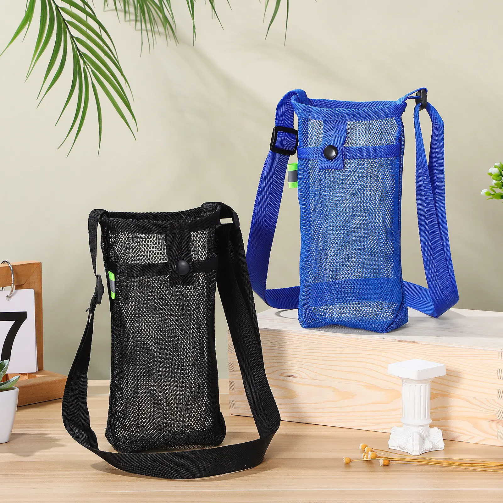 

3Pcs Portable Mesh Water Bottle Bag Adjustable Shoulder Strap Lightweight Crossbody Carrier for Hiking Traveling Daily Use