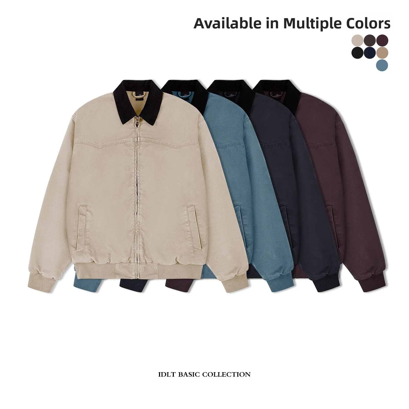 

IDLT 5oz Heavyweight Canvas Work Jaet Waed Dye Loose Fit Spring Outerwear Long Sve Zipper Closure Color Jaet