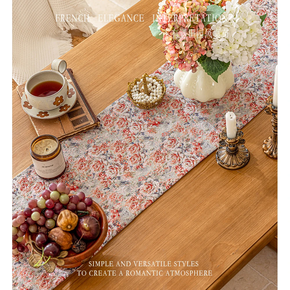 Vintage Rose Floral Table Runner Nordic Light Luxury Lace Tea Flag Cloth Home Decoration Embroidered Diningtable Tablecloth