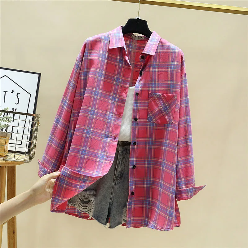 2024 New Casual Loose Women Plaid Shirt Lady Blouses Long Sleeve Shirts and Tops Oversized Female Cotton Checked Clothes