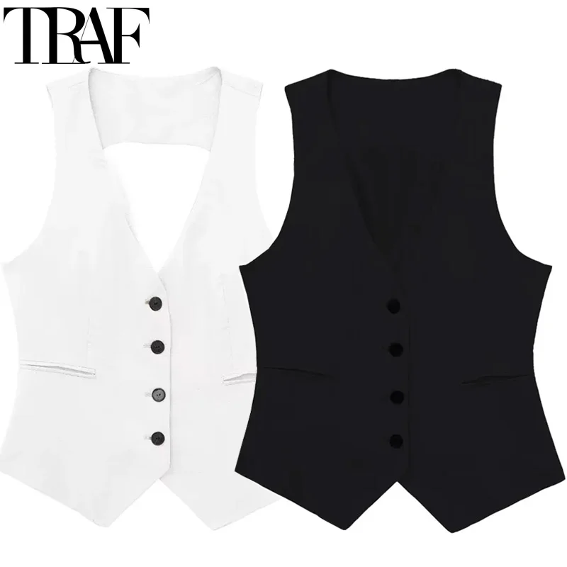 TRAF Women\'s Vest Tops 2024 Cropped Sleeveless Suit Vest Office Casual White Black Vest For Women Summer Formal Vests Woman