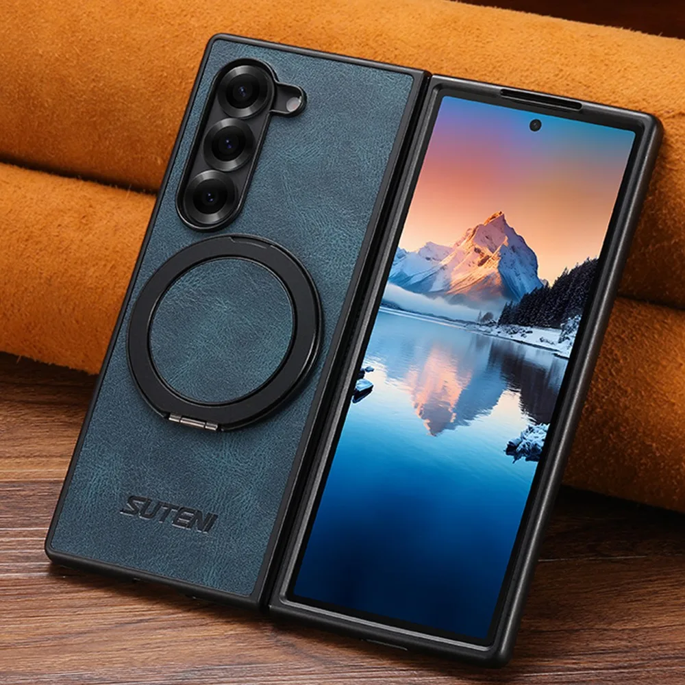 For Samsung Z Fold 8 Ultra 7 6 5 Shell Magnetic Wireless Charging Phone Case Oil Wax Faux Leather 360° Rotating Stand Buckle