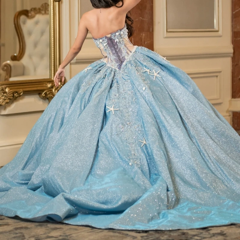 ชุดเดรสงาน Quinceanera สีฟ้าเงา แบบบอลกาวน์ เปิดไหล่ ประดับลูกปัดคริสตัล คอร์เซ็ทผ้าทูลล์ สำหรับงานปาร์ตี้วันเกิด ฉลองอายุ 16 ปี