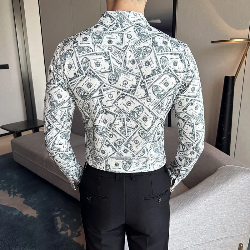 Fine Foreign Trade High-grade Lapel Long-sleeved Shirt Digital Dollar Bills Printed Slim-fit Shirt Fabric Soft Casual Everything