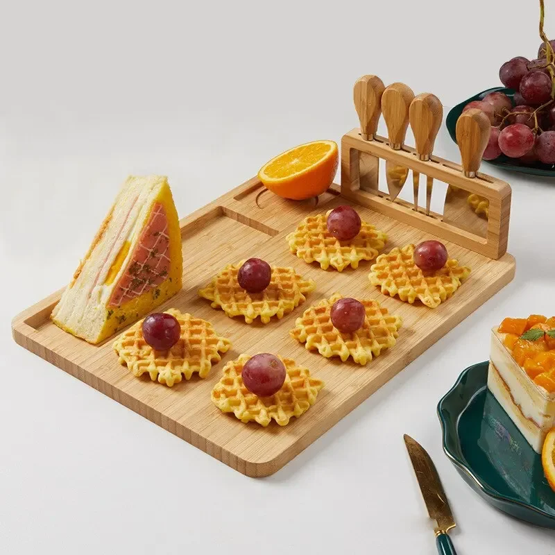 Bamboo Cheese Board Set with Square Wooden Board, Knife Holder, 4 Stainless Steel Knives, Dessert Plate