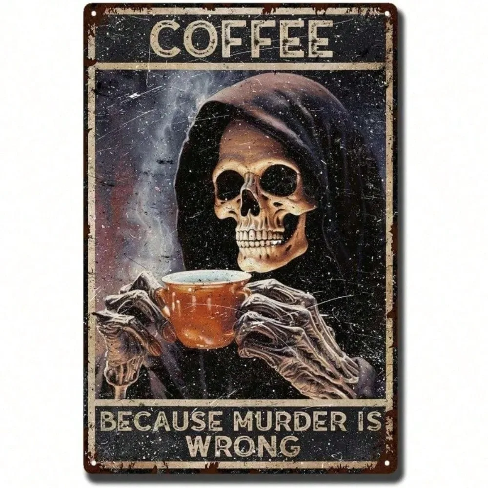

Funny Halloween Tin Sign - Skeleton Coffee Bar Decor Art for Home Kitchen Cafe Wall Gift
