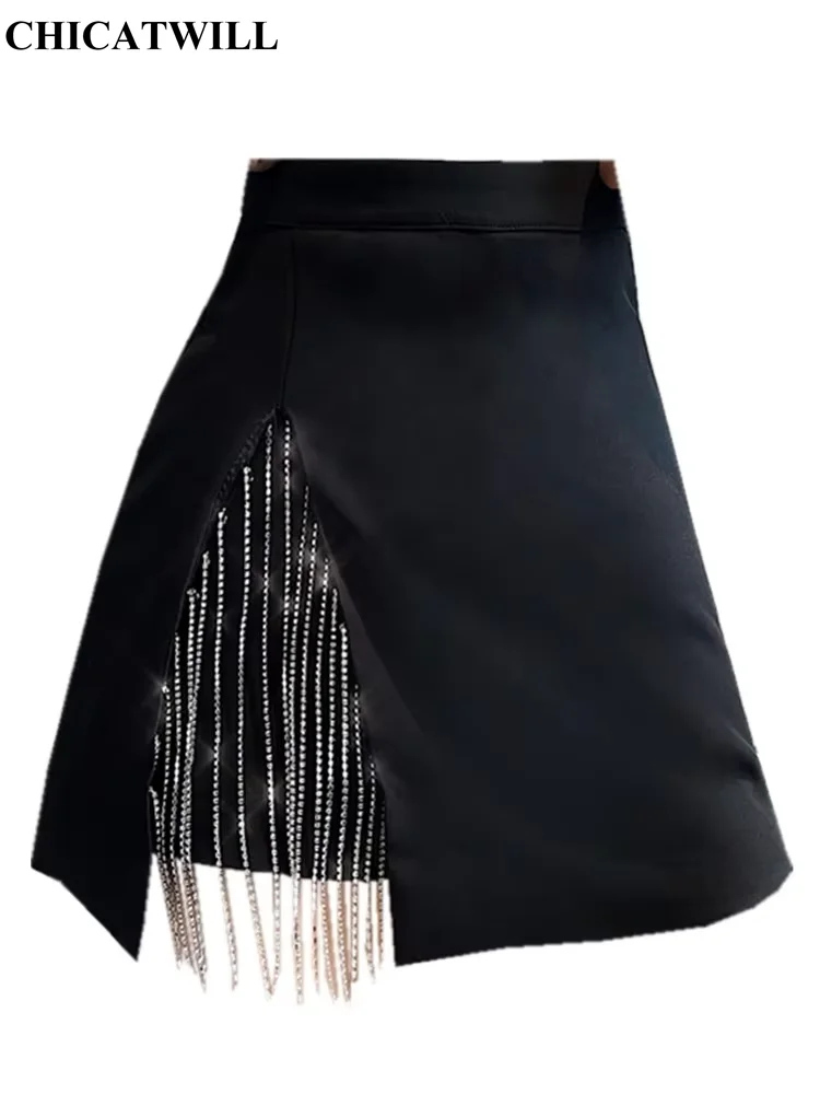CHIC Ins Korean New High Waist Sexy Split Bling Diamond Chain Tassel Lady Mini Skirt Women A Line Bottom Irregular Shorts Skirts