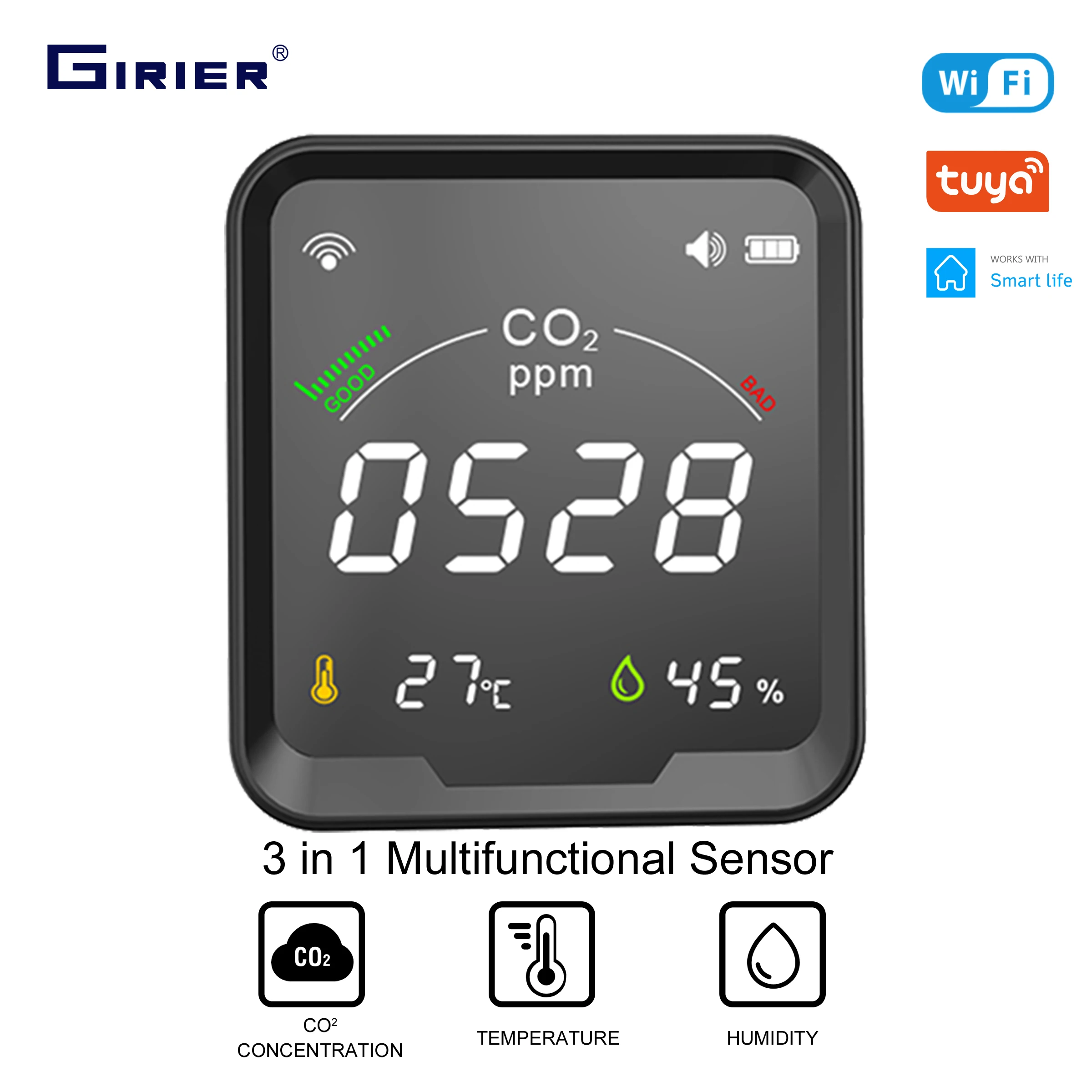 GIRIER Tuya Smart WiFi CO2 Detector Indoor Carbon Dioxide Monitor Built-in Temperature and Humidity Sensor work Smart life APP