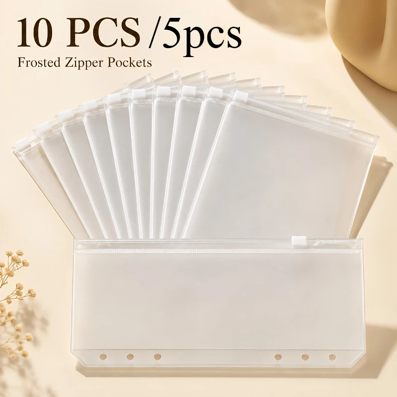 10 Stück/5 Stück mattierte Reißverschluss-Bindertaschen, 6-Loch-PVC-Geldumschläge für Budget-Ordner, transparente Aufbewahrungstaschen für Quittungen