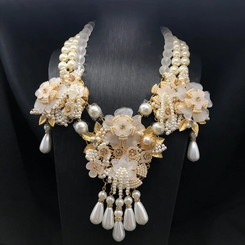 

Luxury-lightweight heavy-duty hand-woven pearl tassel flower necklace earrings brooch set women's wedding banquet jewelry