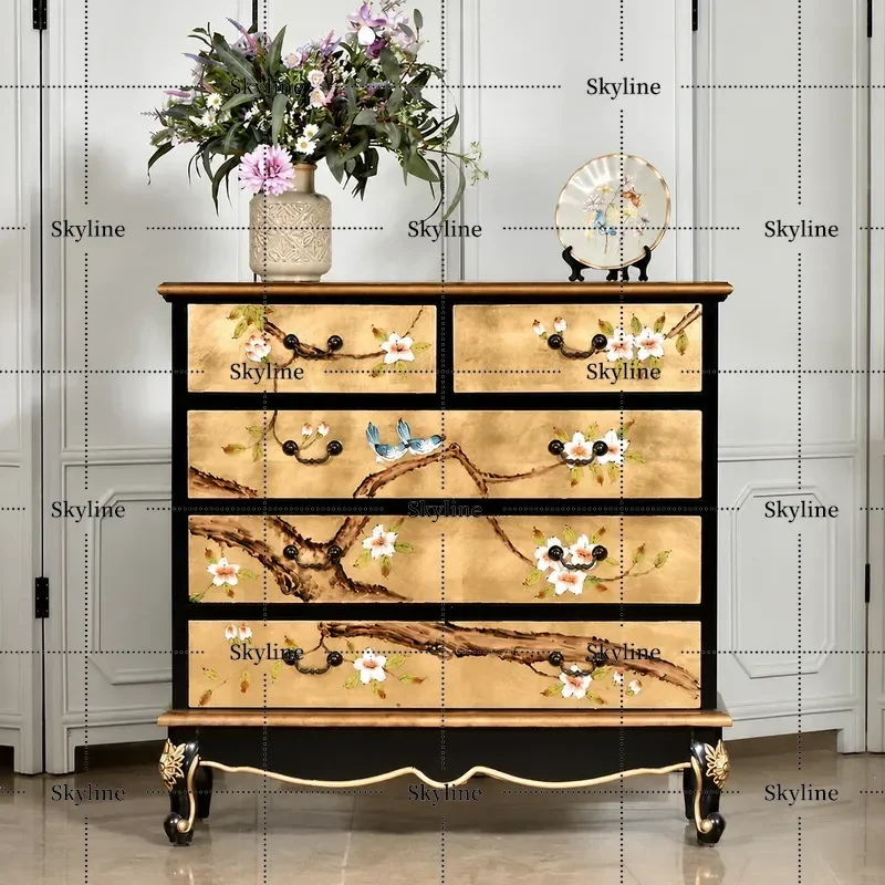 for American Mediterranean Blue Solid Wood Chest of Drawers Gold Foil Painted Old Carved Storage Horizontal Bedside Table
