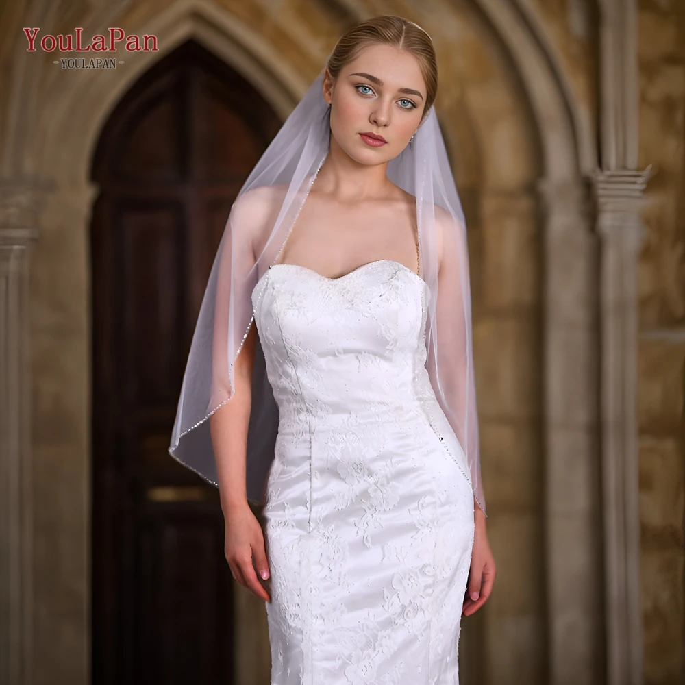 YouLaPan V31 velo da sposa con bordo in cristallo veli da sposa cristallo Organza perline velo scintillante velo corto con pettine