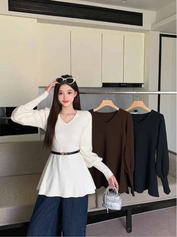 

plus Size Women's V-Neck Lantern Sleeve Sweater Mid-Length Loose Knitted Top Spring Commute Style High Waist Decorative Stitch