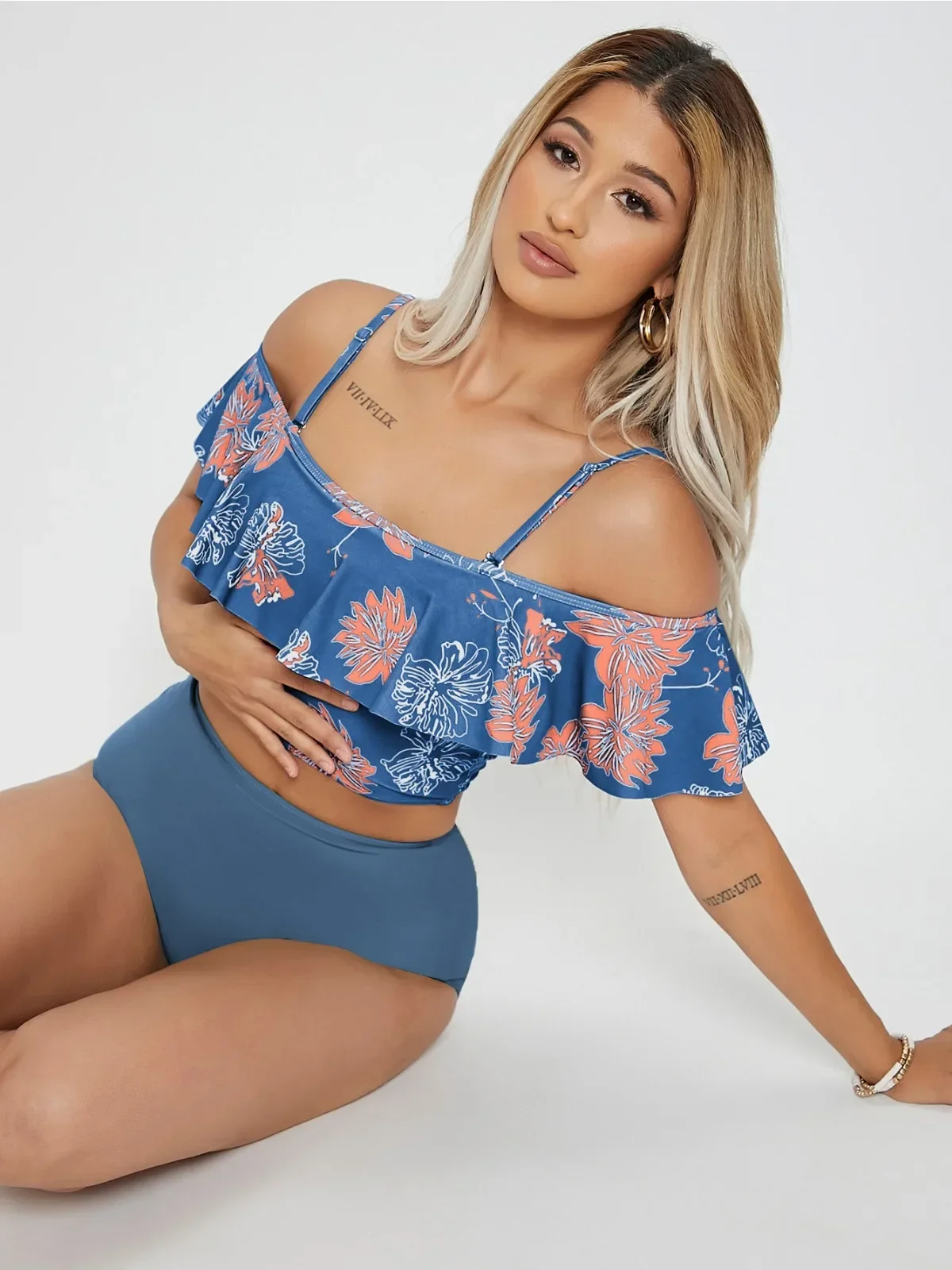 Maillot de bain deux pièces imprimé floral à gros volants pour femmes, taille haute, Tankini, ensemble Bikini, bretelles, dos nu, maillot de plage