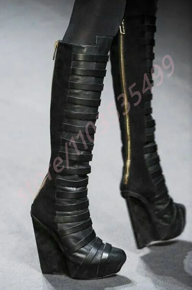 

Sexy Women's Black Leather Knee-High Boots with Straps 2026 Round Platform Wedge Heel Street Rock Fashion Party Stage Boots