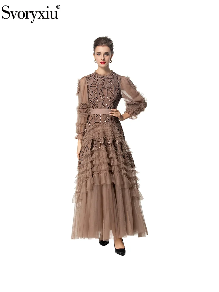 Svoryxiu Fashion Runway Autumn Chocolate Color Floor-Length Dress Women's Flounces Collar Lantern Sleeve Net Yarn Sequins Dress