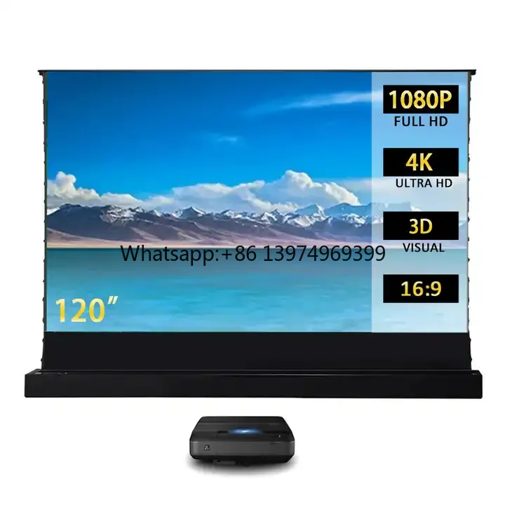 120 Inch High Definition 16:9 Laser UST Projector Ambient Light Rejecting Screen Motorized Floor Rising Black Crystal Fabric