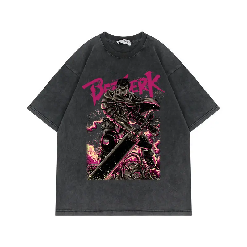 Camiseta Berserk Guts Dragonslayer Pink Flame Vintage Lavada, Talla Grande, Estilo Urbano, con Gráfico de Anime, para Hombre y Mujer, Verano 2026