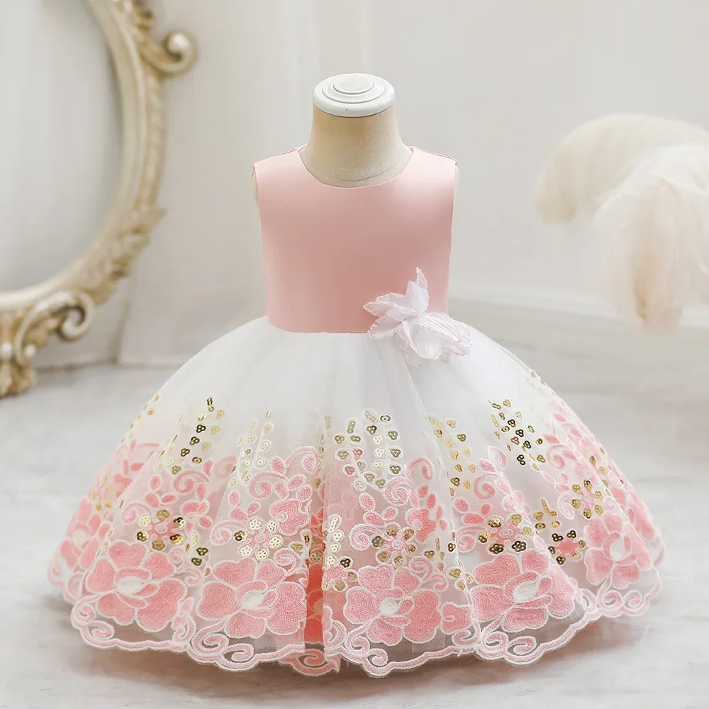 Robes d'anniversaire à fleurs roses pour bébés filles, vêtements pour bébés filles, nœud mignon, paillettes dorées, robe de Rhprincesse en dentelle pour tout-petits, 1-6 ans, 1 an