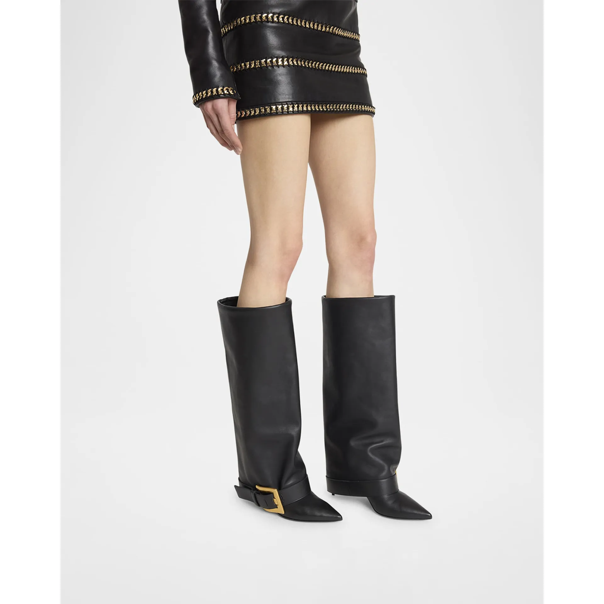 Ladies' Autumn and Winter Belt Buckle Pointed Thin High-heeled Knee High Women's Boots Fashion Party Size 34-46 Medium Boots