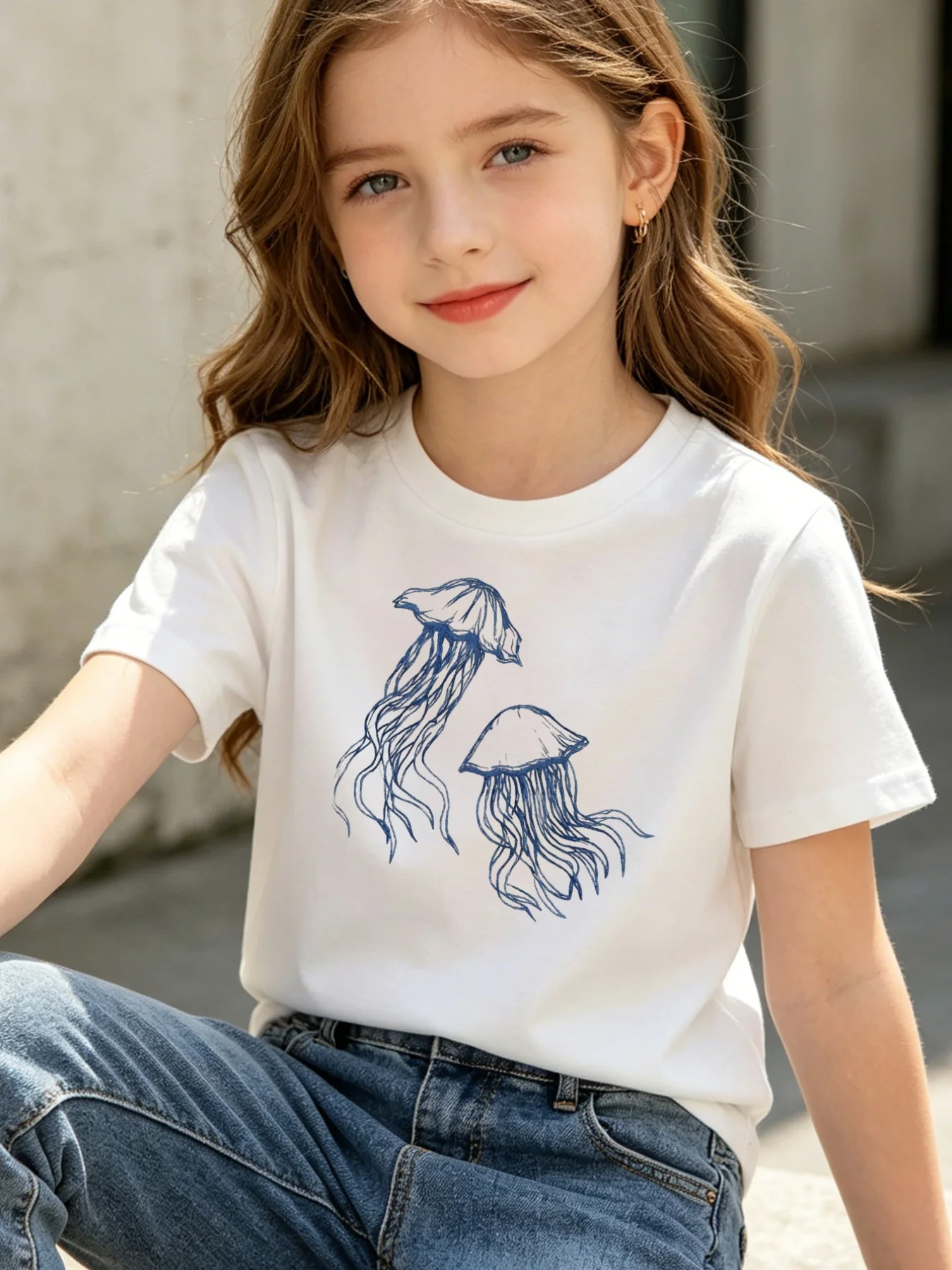 Kids T Shirt Hand Drawn Jellyfish Ocean Print Boys Girls Family Matching Soft Cotton Short Sleeve Summer Beach Casual Tee