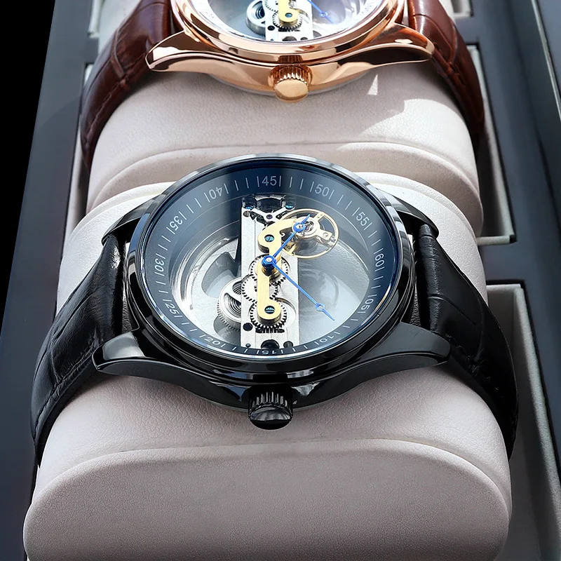BINKADA العلامة التجارية الأزياء Steampunk شفافة الهيكل العظمي الميكانيكية ووتش الرجال جلد أسود للماء الرجال جوفاء التلقائي ووتش