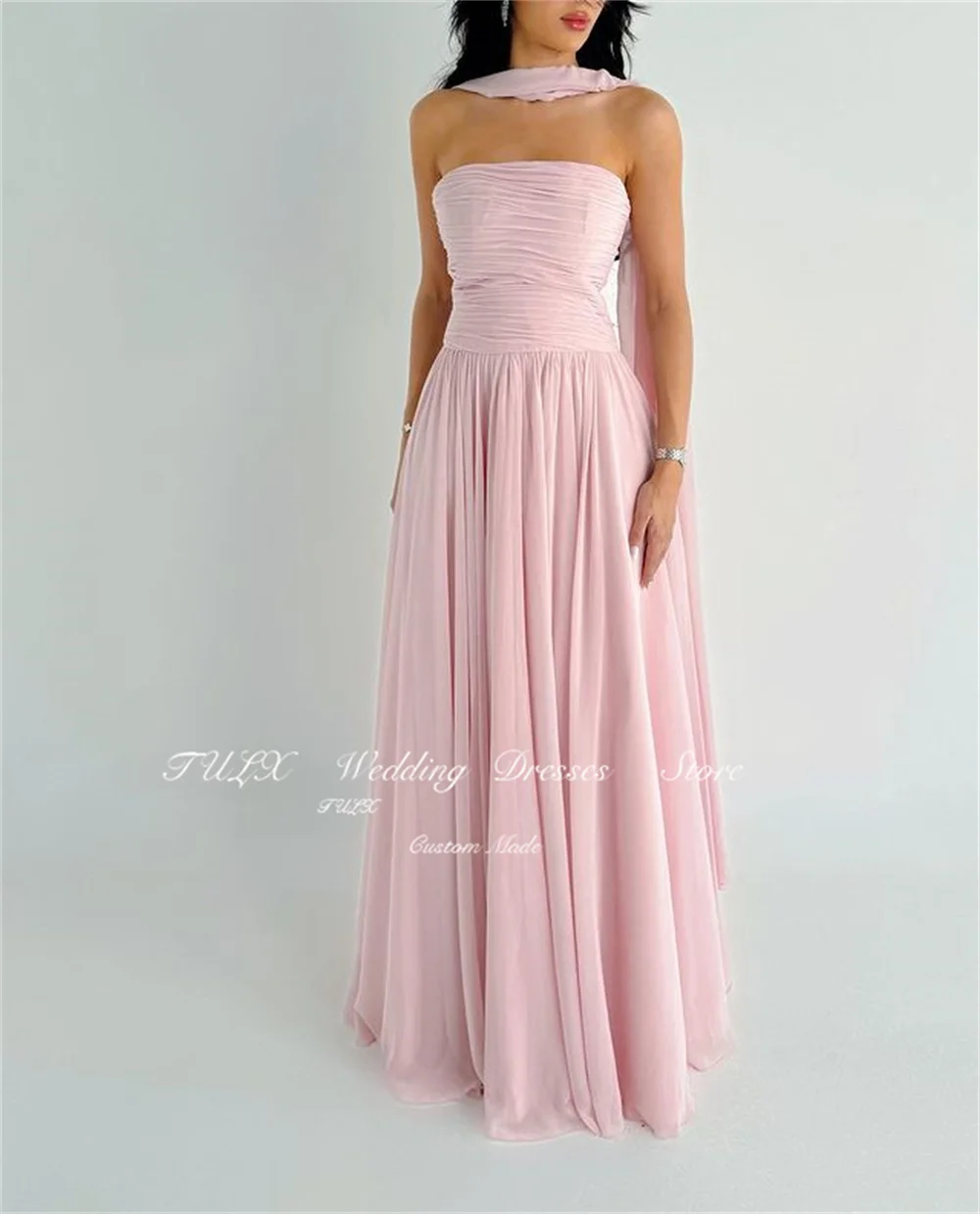 TULX Light Pink Strapless Chiffon Evening Dress With Long Scarf Sleeveless Floor Length Elegant Party Dress Formal Gown Custom