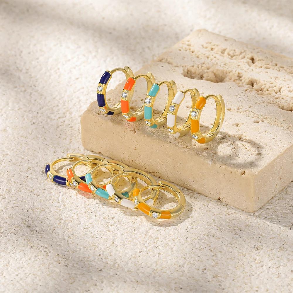 Colorful Enamel Zircon Splicing Hoop Earring For Women Genuine 925 Sterling Silver Gold Color Circle Earring Fine Jewelry