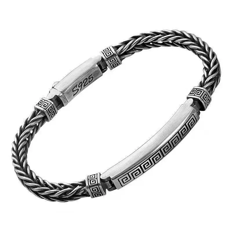 Chinese Style Lucky Blessing Silver Plated Bracelet For Men Vintage Hand Woven Twist Meander Pattern Insert Buckle Good Fortune