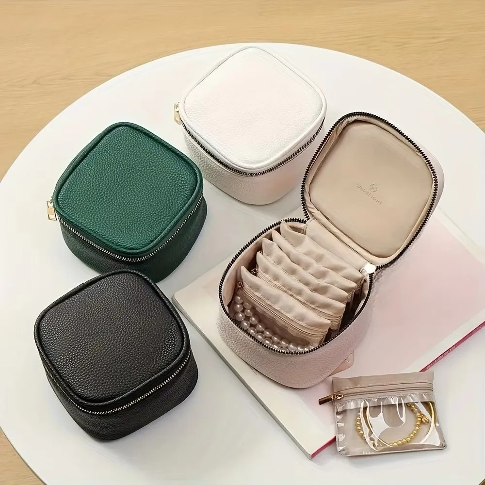 Portable Travel Jewelry Box PU Leather Velvet Pouch Jewelry Organizer Large Capacity with 6Pcs Small Pouches