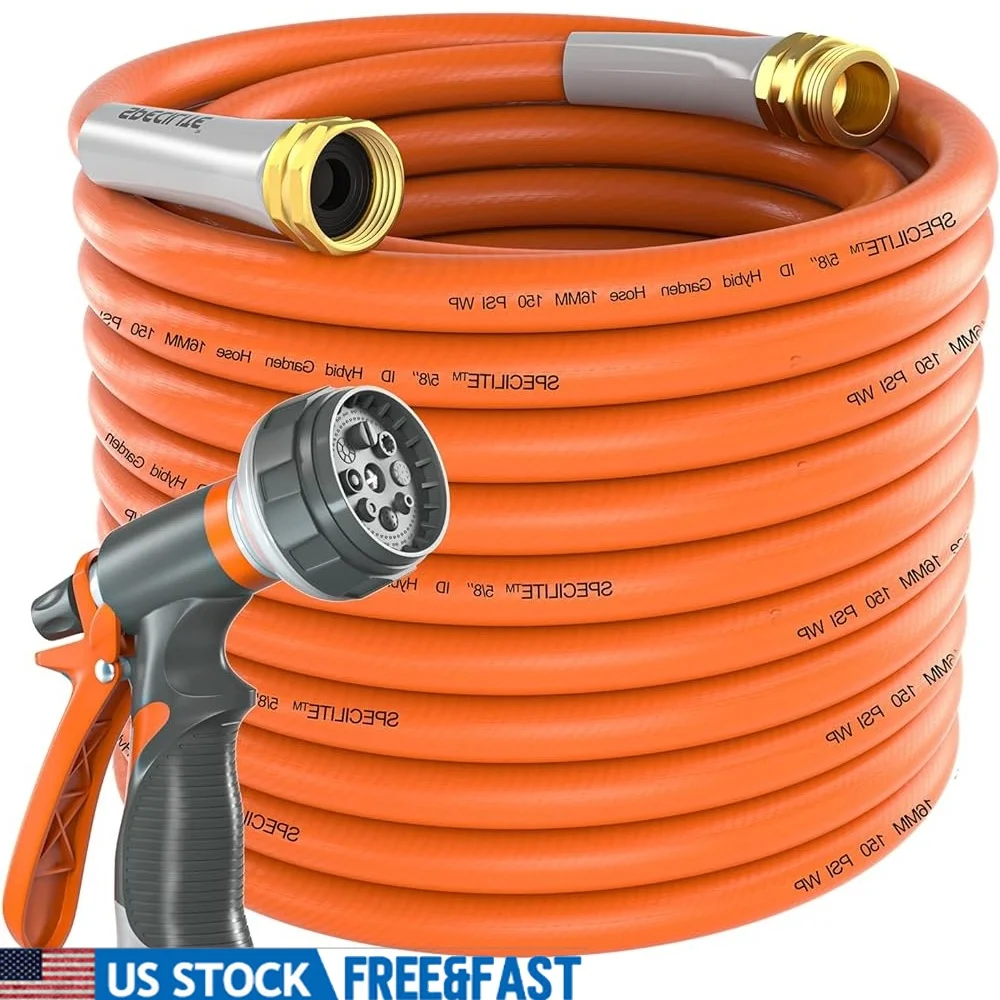 

75ft Kinkless Garden Hose 5/8in Heavy Duty Lightweight Flexible 600psi Rubber Outdoor Use Brass Connectors