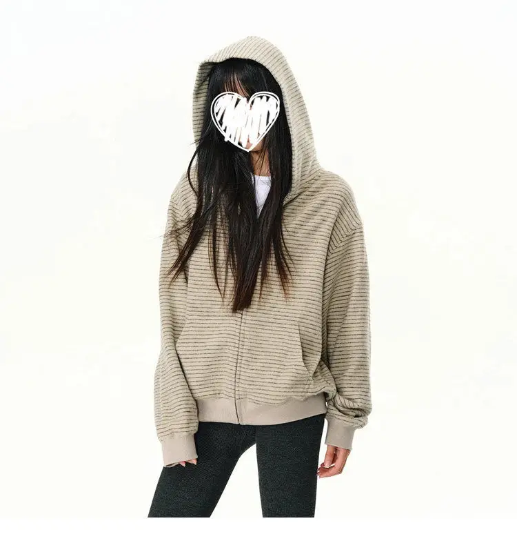Spring Autumn Striped Zipper Hooded Sweatshirt Jacket 2025 Women's New Top Fashionable Casual Loose American Style Cardigan