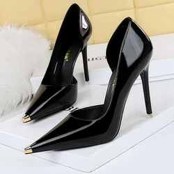 BIGTREE-zapatos de charol negro para mujer, tacones altos de Metal puntiagudos, Sexy, fiesta, Stilettos, 7 Cm, 10,5 cm