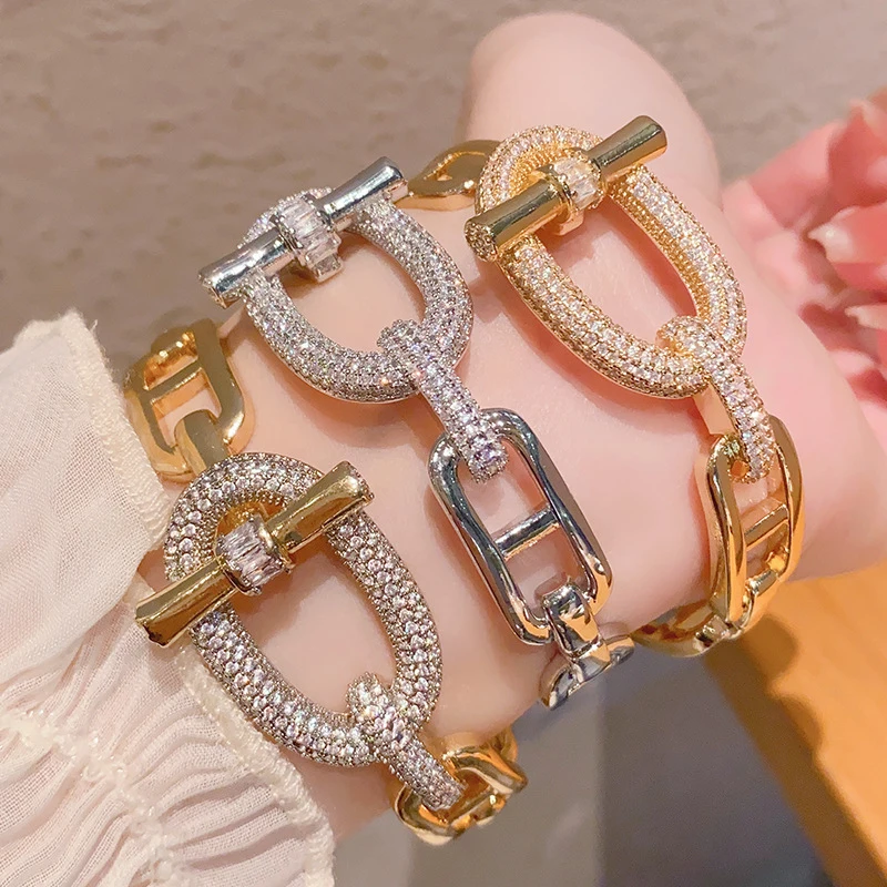 Chain Link Open Cuff Bangle Micro Pave Cubic Zirconia Gold Silver Plated Statement Jewelry for Women