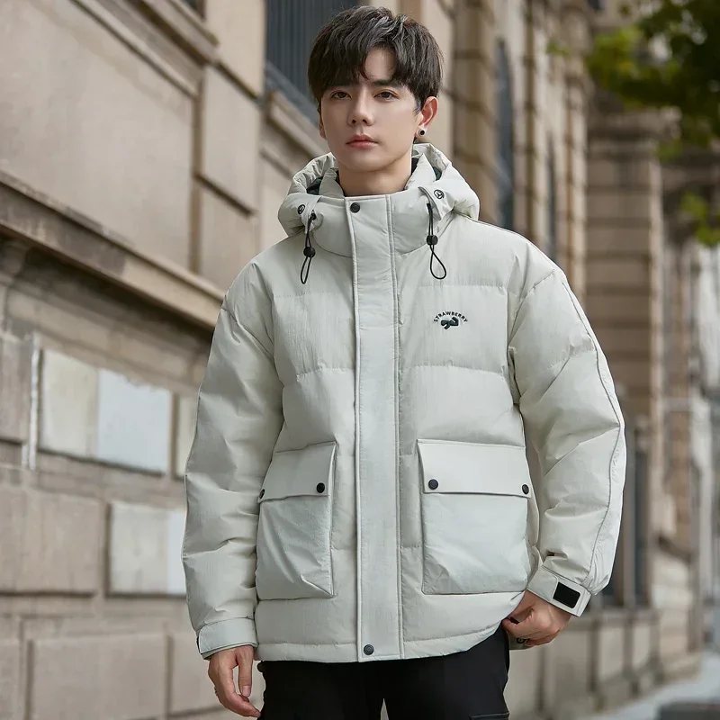 Men's New Winter Hooded Down Jacket White Duck Down Simple Warm Jacket All-Match Solid Color Coat Clothes