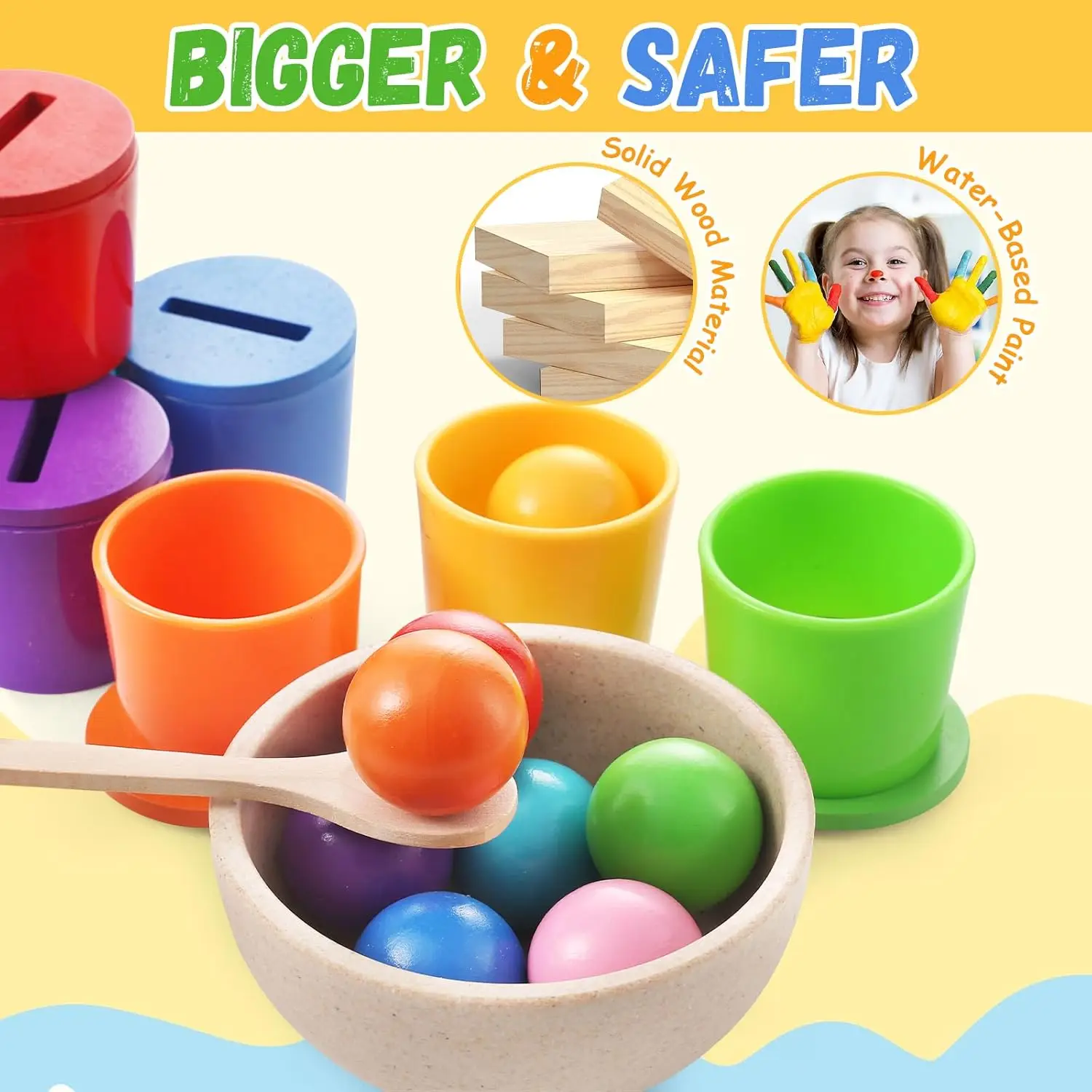 Montessori Wooden Toy Color Matching Game Rainbow Balls in Cups Early Education Learning Toys for Preschool Children Age 3+