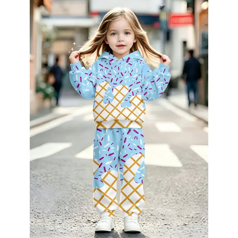 Unisex Toddler Hooded Jogger 2Pcs Tracksuit Ice Cream Sprinkle Camo Mechanical Bunny Hip Hop King Bear Print Kids Casual Outfit