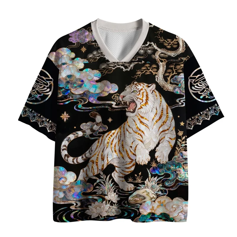 Oriental White Tiger Jersey Chinese Myth Cloud Pine Lotus V-Neck Unisex Short Sleeve Top