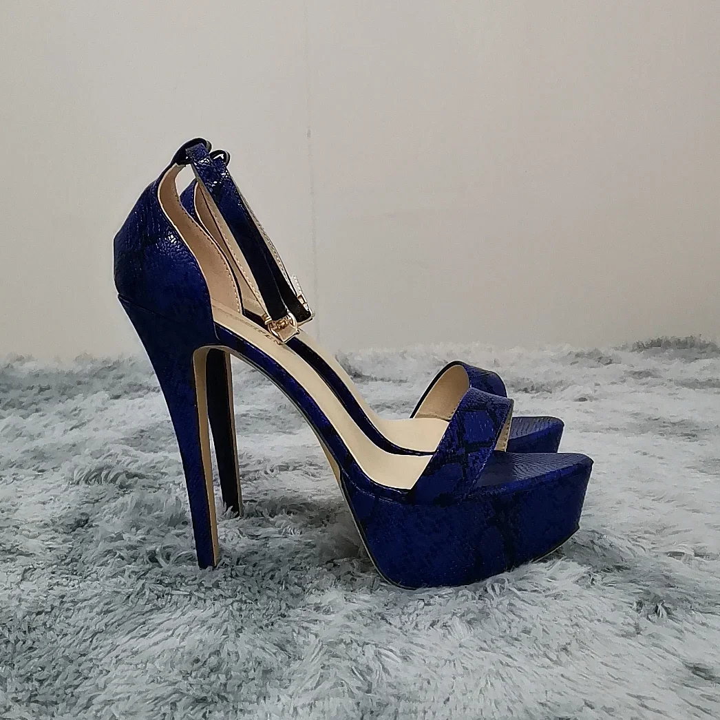 2024 New Women Sandals 14cm Supper High Heels Sexy Open Toes Buckle Strap Sandal Blue Heels Snake Pattern Platform Wedding Shoes