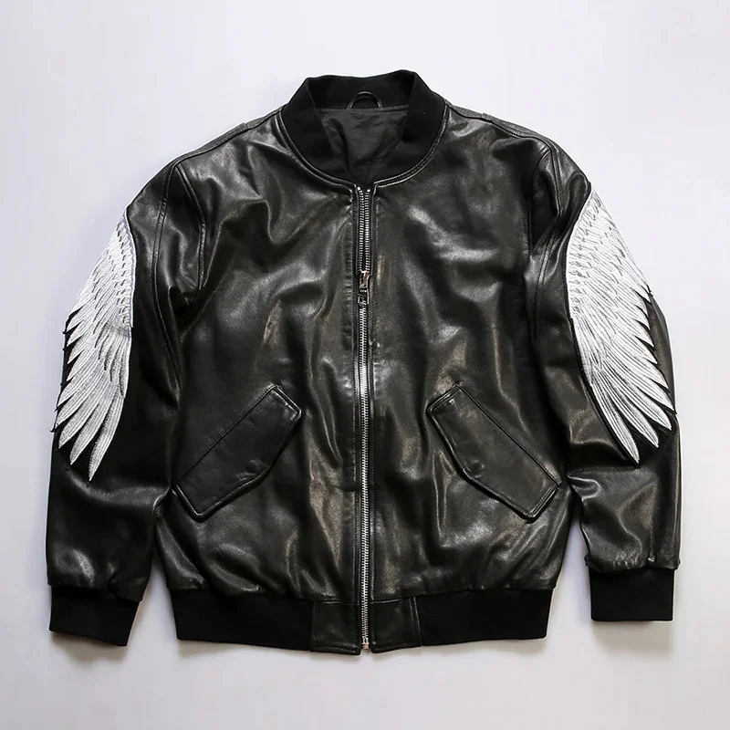 eagle Embroidered wings leather baseball jersey men stand-up collar full vegetable tanned sheepskin genuine jacket coat